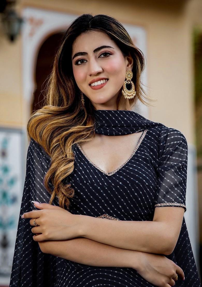 Black Printed Blended Lehenga Choli - Indya