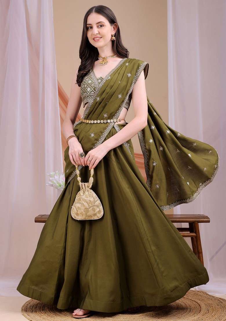 Olive Emboridered Blended Lehenga Choli for Diwali and Festive Wear - Indya