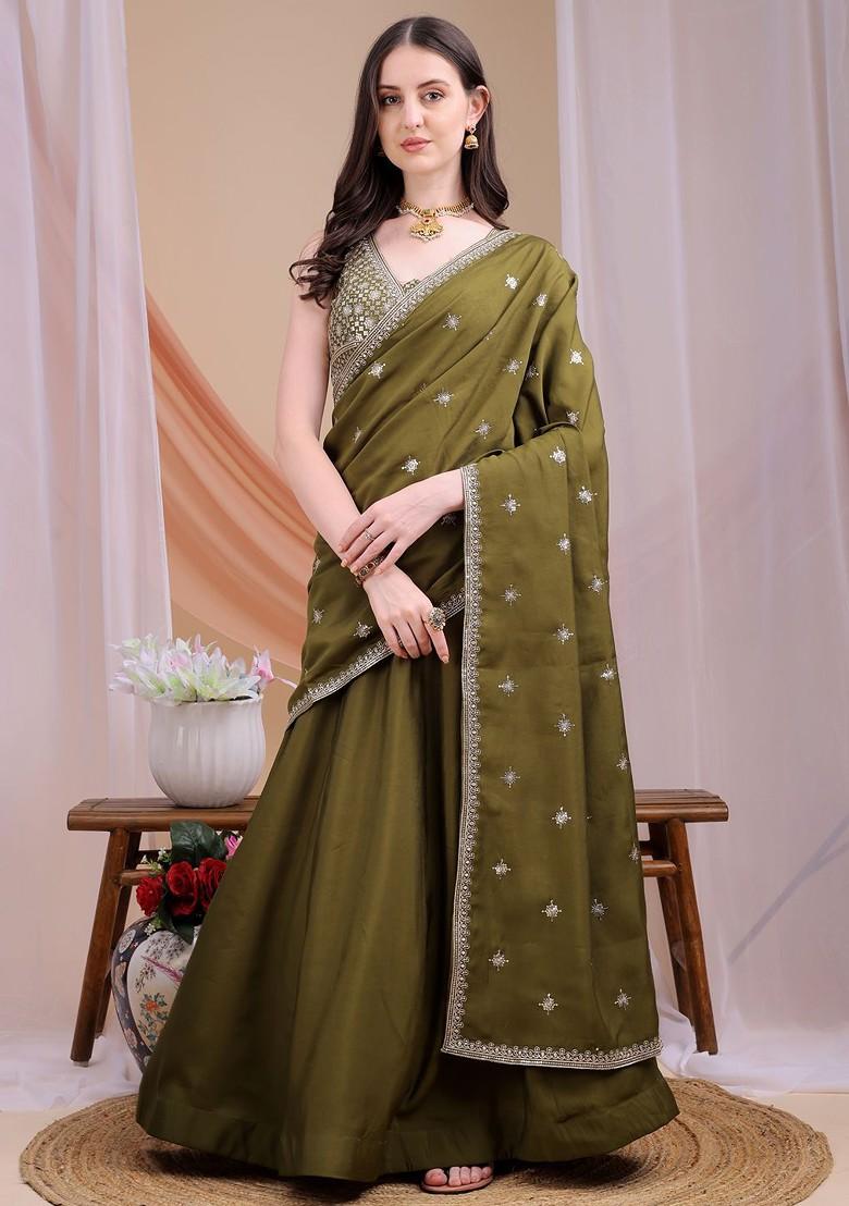 Olive Emboridered Blended Lehenga Choli - Indya