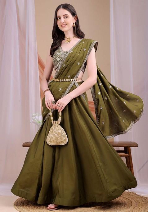 Olive Emboridered Blended Lehenga Choli