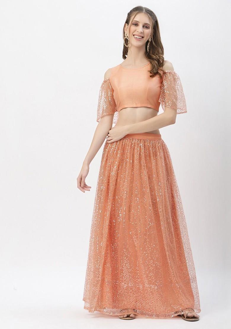 Peach Emboridered Blended Lehenga Choli - Indya