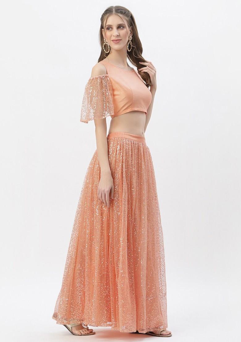 Peach Emboridered Blended Lehenga Choli - Indya