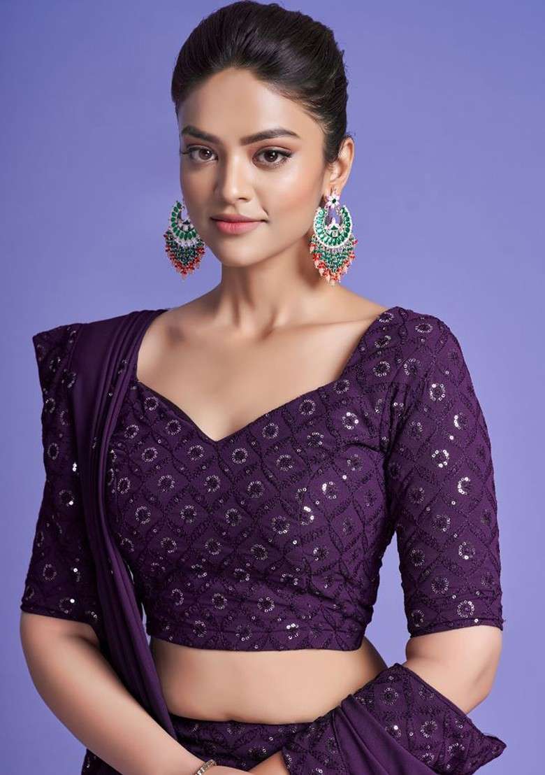 Purple Emboridered Blended Lehenga Choli - Indya