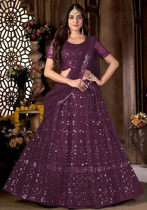 Purple Emboridered Blended Lehenga Choli