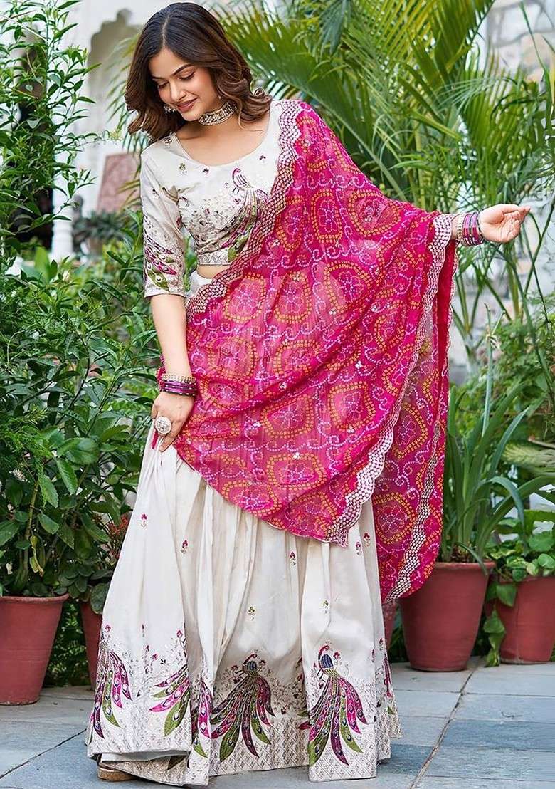 Cream Emboridered Blended Lehenga Choli - Indya