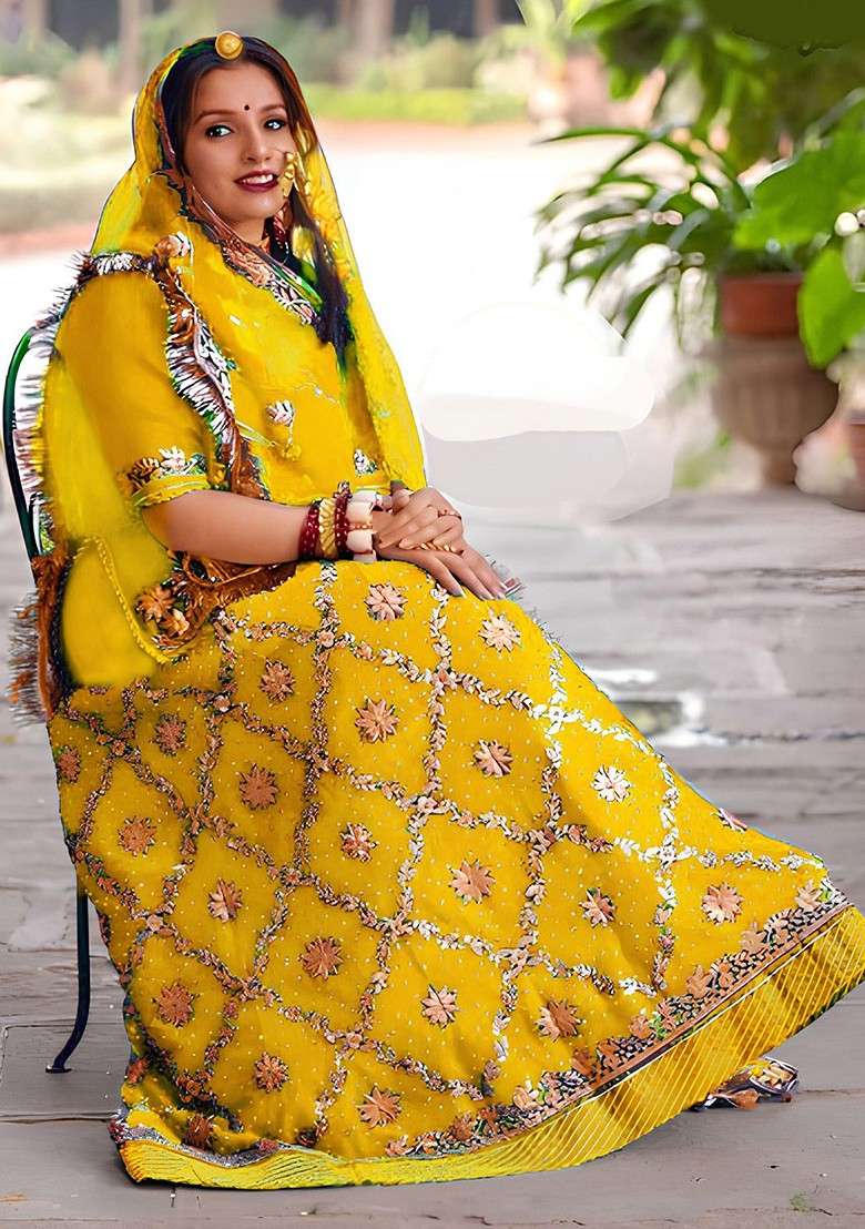 Mustard Emboridered Blended Lehenga Choli - Indya