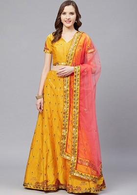 Mustard Emboridered Blended Lehenga Choli