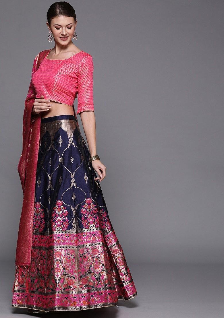Navy Blue Emboridered Blended Lehenga Choli - Indya