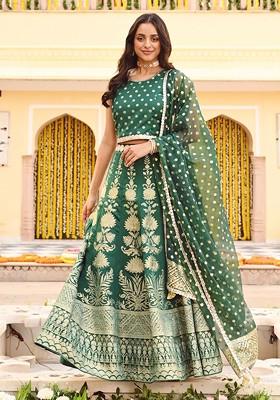 Green Printed Blended Lehenga Choli