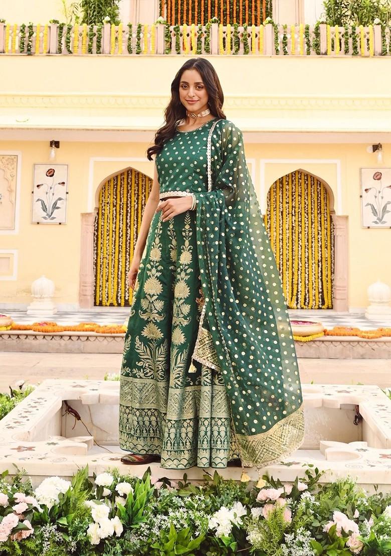 Green Printed Blended Lehenga Choli - Indya
