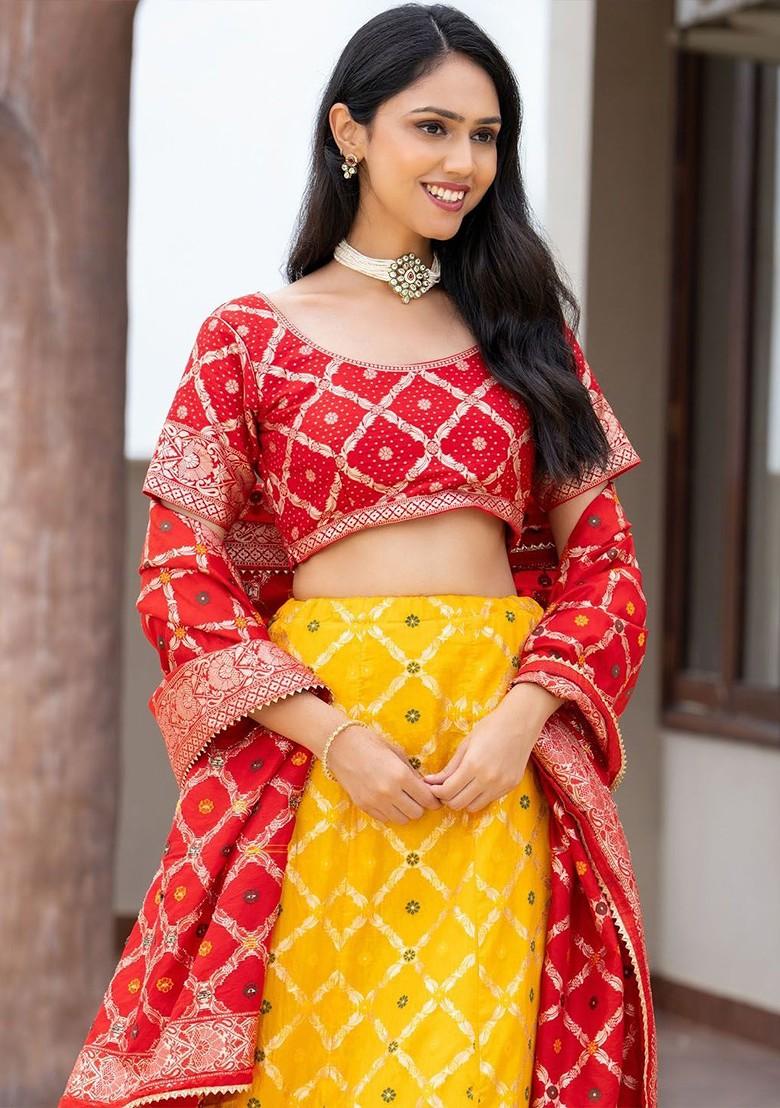 Red Embellished Blended Lehenga Choli - Indya