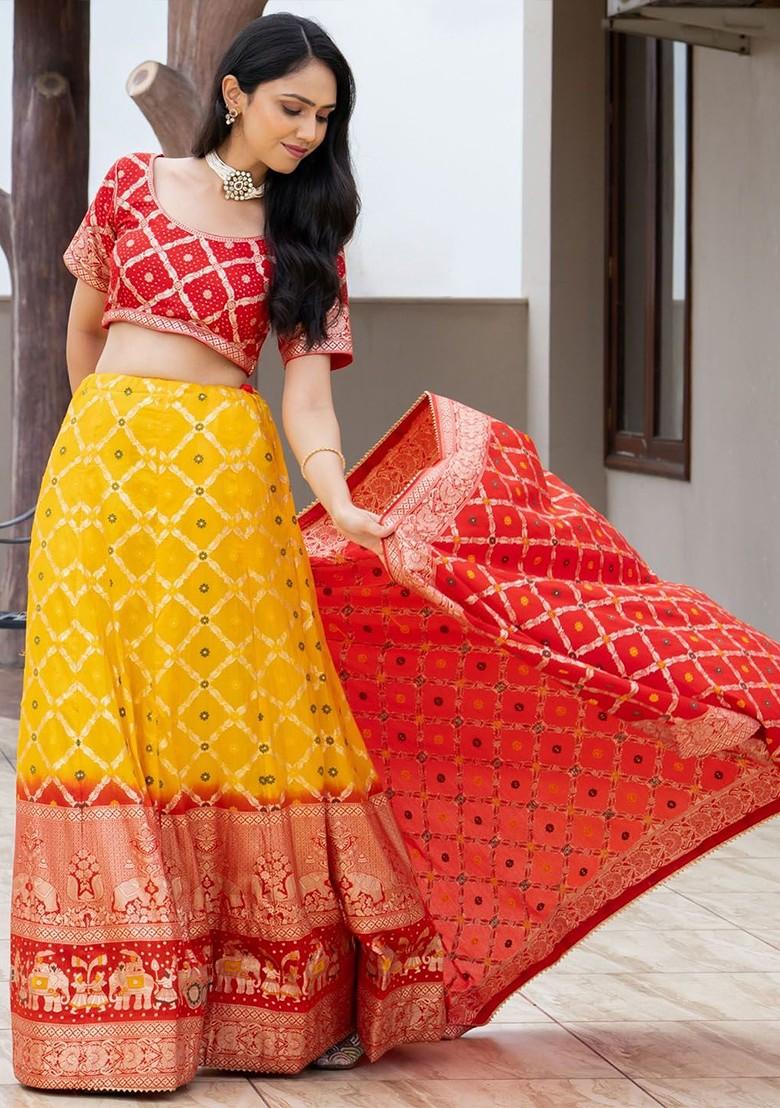 Red Embellished Blended Lehenga Choli - Indya