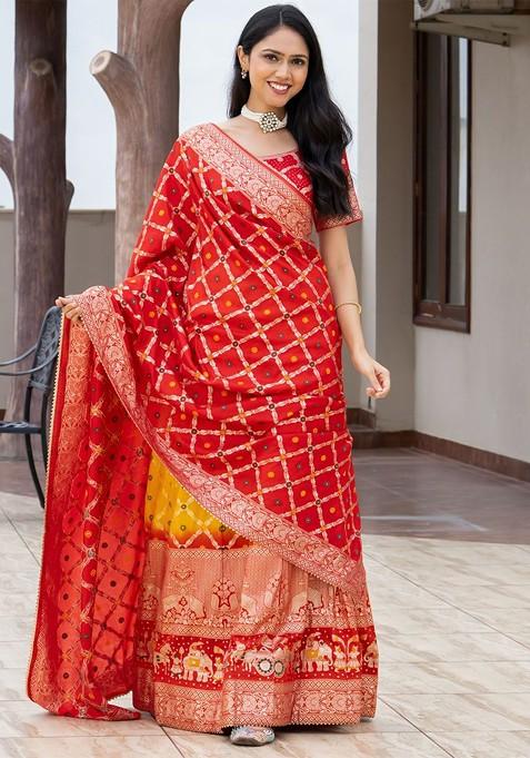 Red Embellished Blended Lehenga Choli — view on Indya