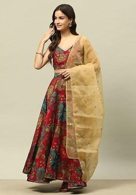 Pink Printed Blended Lehenga Choli