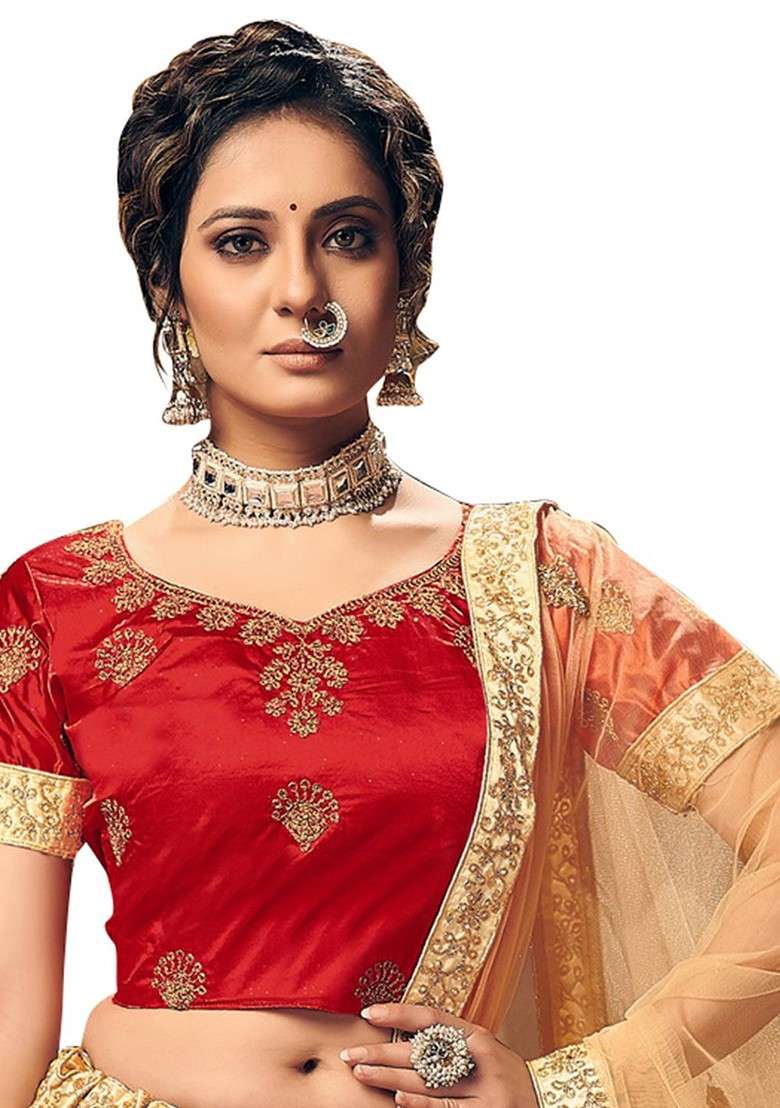 Beige Emboridered Blended Lehenga Choli - Indya