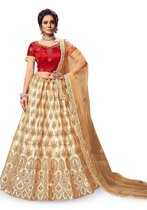 Beige Emboridered Blended Lehenga Choli — view on Indya