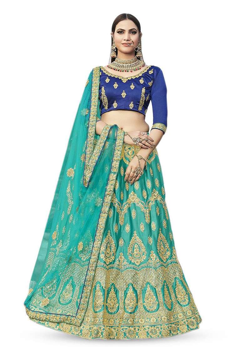 Sea Green Emboridered Blended Lehenga Choli - Indya