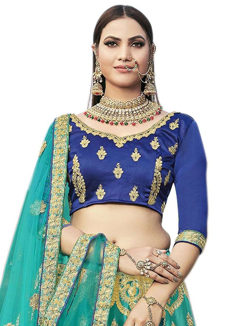 Sea Green Emboridered Blended Lehenga Choli - Indya