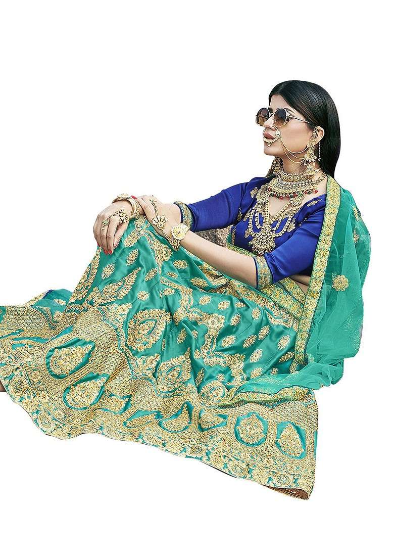 Sea Green Emboridered Blended Lehenga Choli - Indya