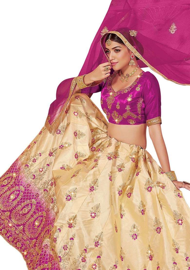 Beige Emboridered Blended Lehenga Choli - Indya