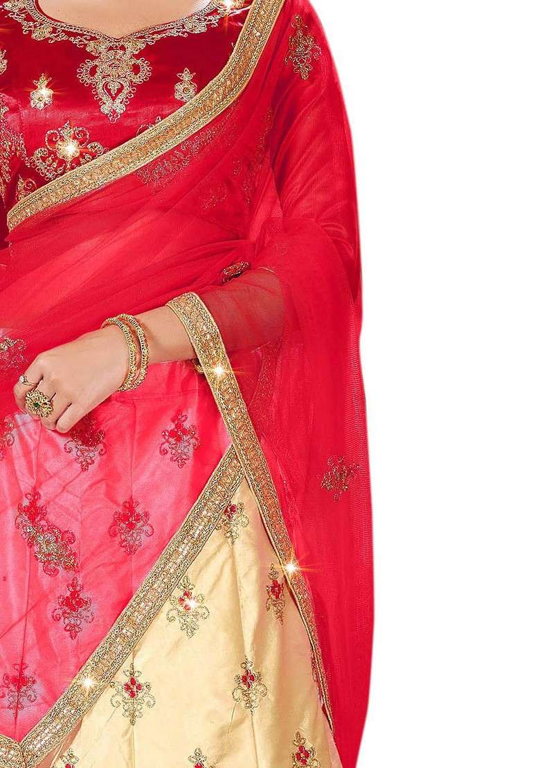 Beige Emboridered Blended Lehenga Choli - Indya