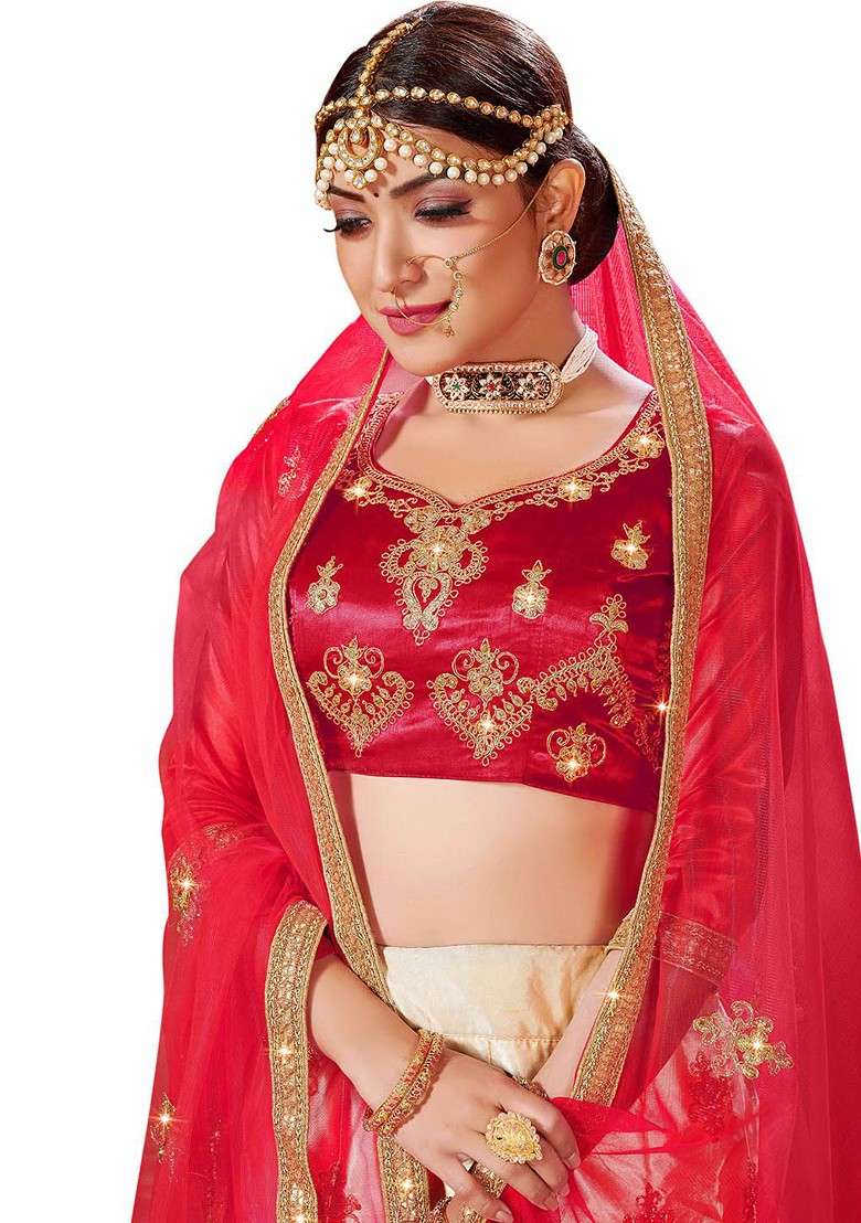 Beige Emboridered Blended Lehenga Choli - Indya
