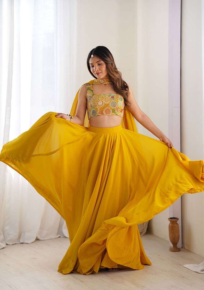 Yellow Emboridered Blended Choli Lehenga for Diwali | Wedding & Festive Wear - Indya