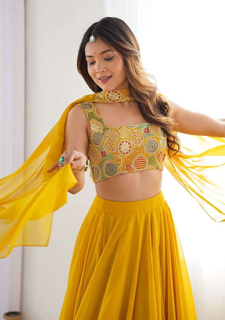 Yellow Emboridered Blended Choli Lehenga for Diwali | Wedding & Festive Wear - Indya