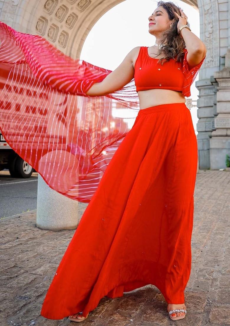 Red Emboridered Blended Lehenga Choli - Indya