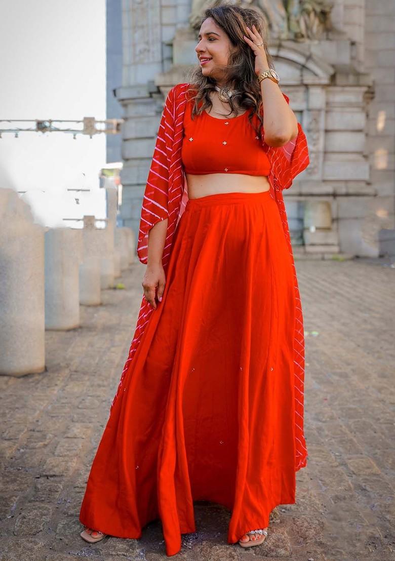 Red Emboridered Blended Lehenga Choli - Indya
