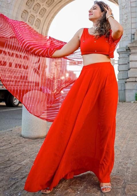 Red Emboridered Blended Lehenga Choli