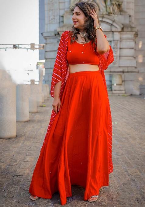 Red Emboridered Blended Lehenga Choli