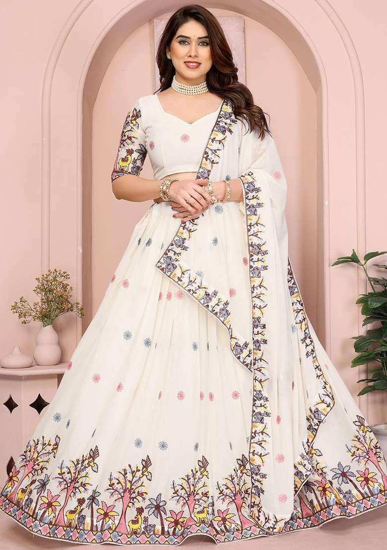 White Emboridered Blended Lehenga Choli - Indya