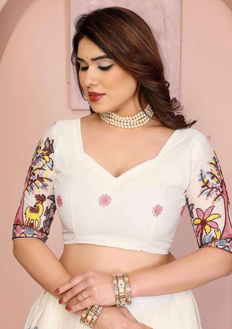 White Emboridered Blended Lehenga Choli - Indya