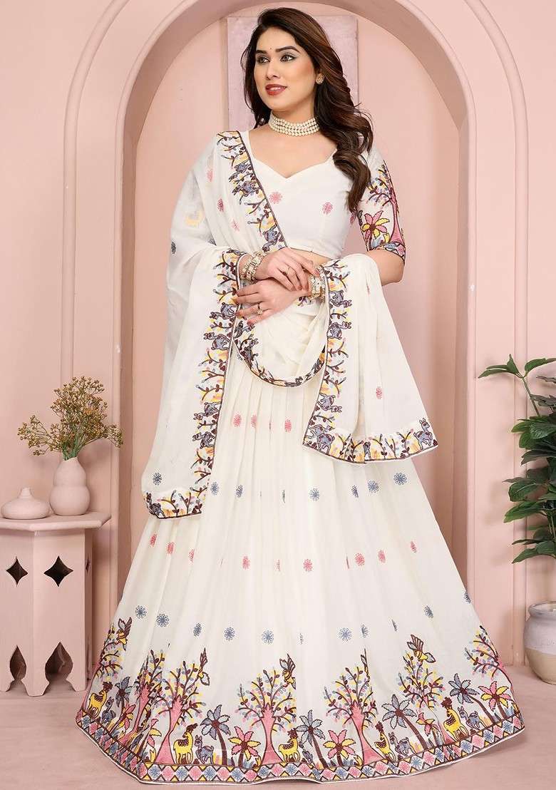 White Emboridered Blended Lehenga Choli - Indya