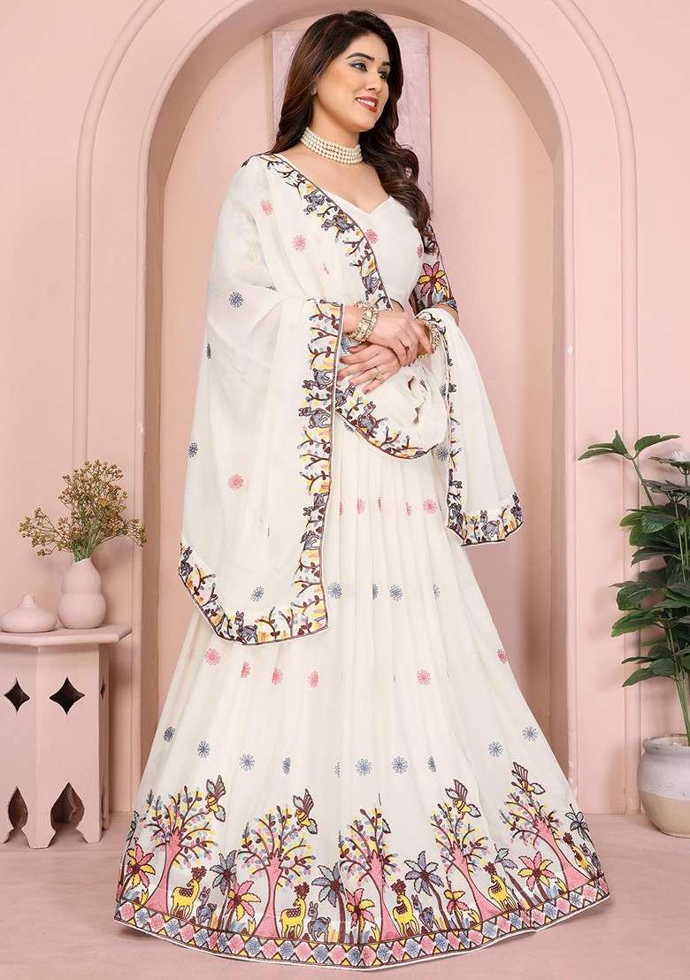 White Emboridered Blended Lehenga Choli - Indya