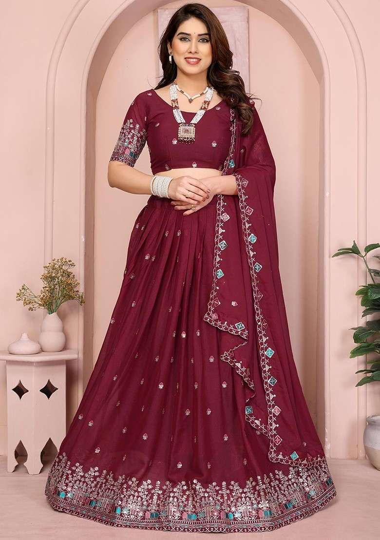 Maroon Emboridered Blended Lehenga Choli - Indya
