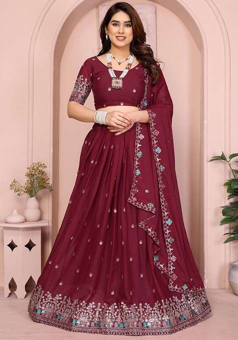 Maroon Emboridered Blended Lehenga Choli