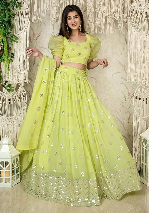 Lime Green Emboridered Blended Lehenga Choli — view on Indya