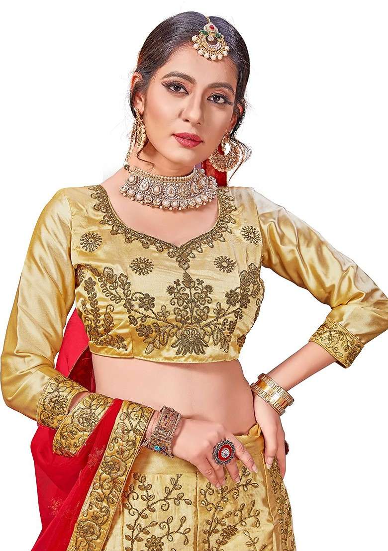 Beige Emboridered Blended Lehenga Choli - Indya