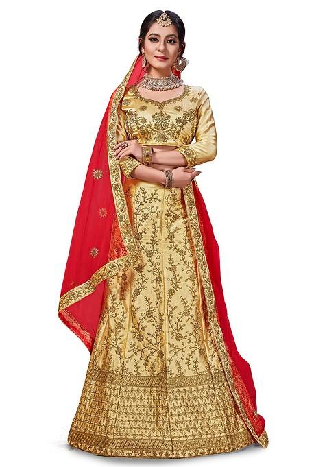 Beige Emboridered Blended Lehenga Choli — view on Indya