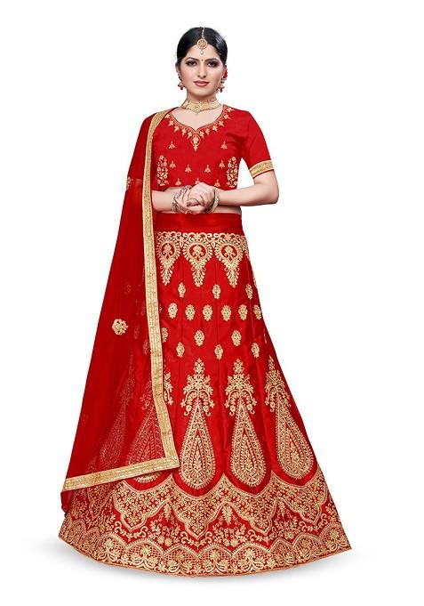 Red Embellished Blended Lehenga Choli — view on Indya