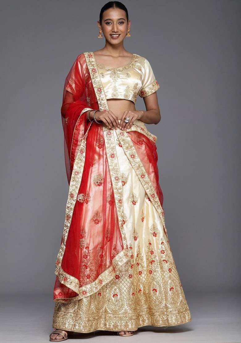 Cream Emboridered Blended Lehenga Choli - Indya