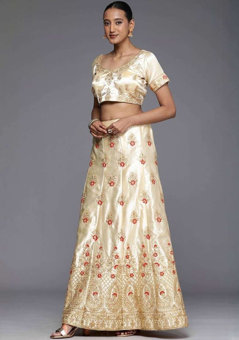 Cream Emboridered Blended Lehenga Choli - Indya