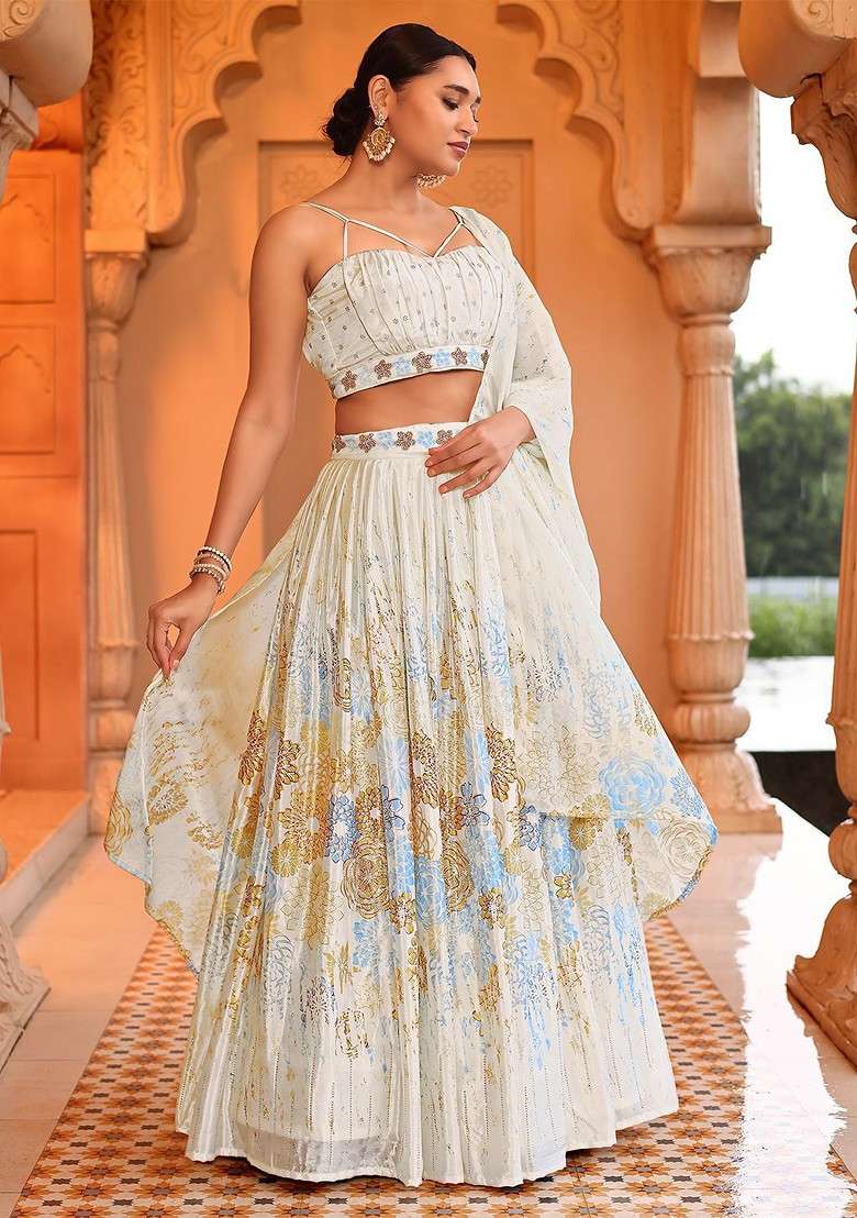 Yellow Printed Blended Lehenga Choli - Indya