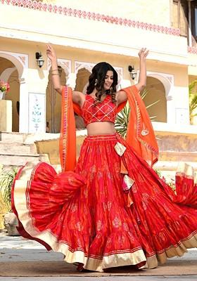 Red Embellished Blended Lehenga Choli