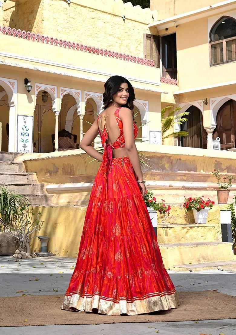 Red Embellished Blended Lehenga Choli - Indya