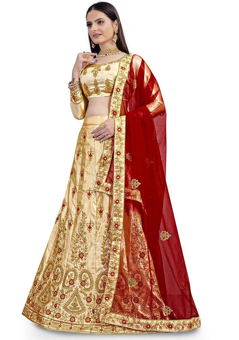 Cream Embellished Blended Lehenga Choli - Indya