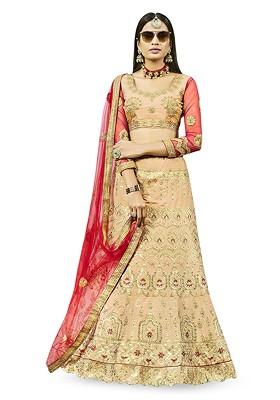 Peach Emboridered Blended Lehenga Choli