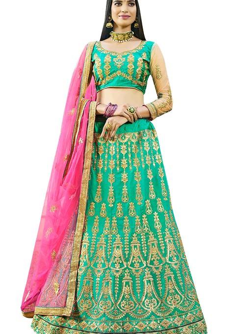 Lime Green Emboridered Blended Lehenga Choli — view on Indya